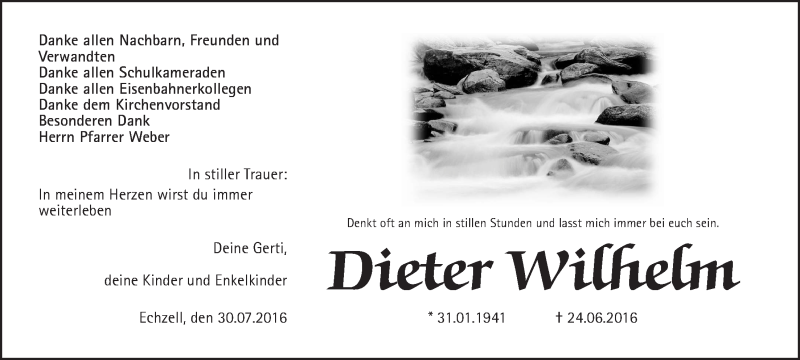  Traueranzeige für Dieter Wilhelm vom 30.07.2016 aus Wetterauer Zeitung, Wetterauer Zeitung