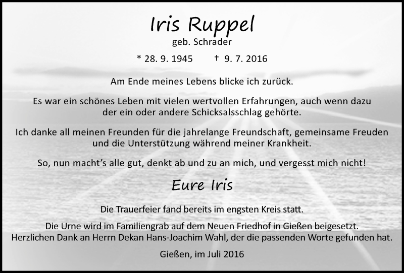  Traueranzeige für Iris Ruppel vom 30.07.2016 aus Gießener Allgemeine, Alsfelder Allgemeine