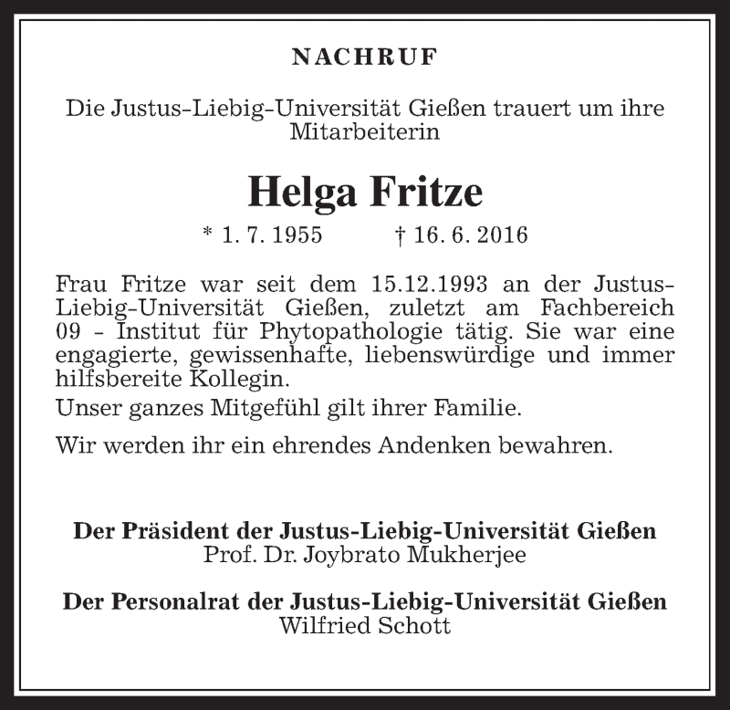  Traueranzeige für Helga Fritze vom 09.07.2016 aus Gießener Allgemeine, Alsfelder Allgemeine