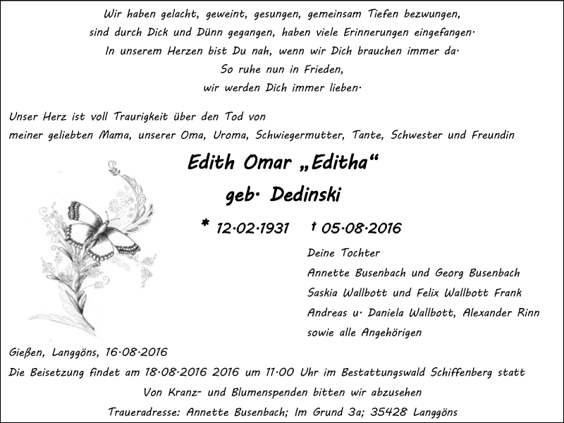  Traueranzeige für Edith Omar vom 16.08.2016 aus Gießener Allgemeine, Alsfelder Allgemeine