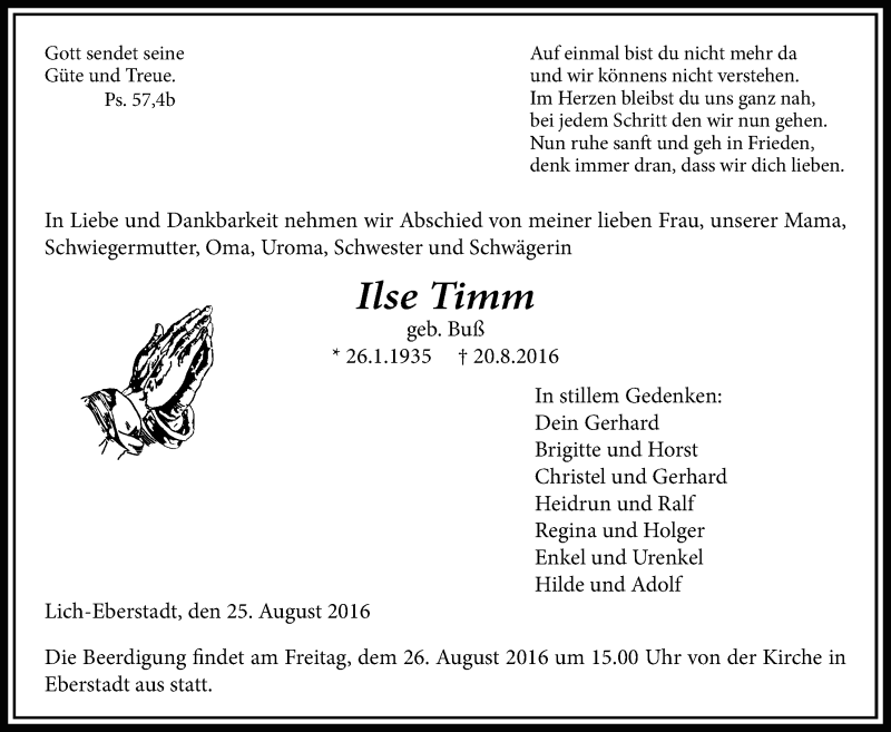 Traueranzeige für Ilse Timm vom 25.08.2016 aus Licher Wochenblatt, Licher Wochenblatt, Licher Wochenblatt