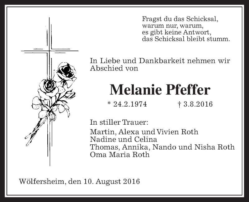  Traueranzeige für Melanie Pfeffer vom 10.08.2016 aus Wetterauer Zeitung, Wetterauer Zeitung