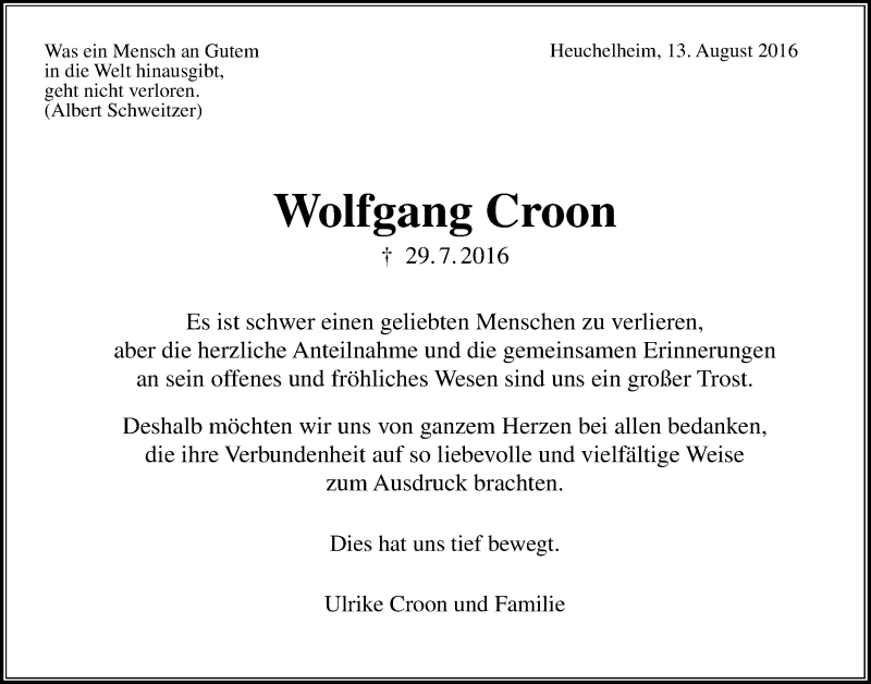  Traueranzeige für Wolfgang Croon vom 13.08.2016 aus Gießener Allgemeine, Alsfelder Allgemeine