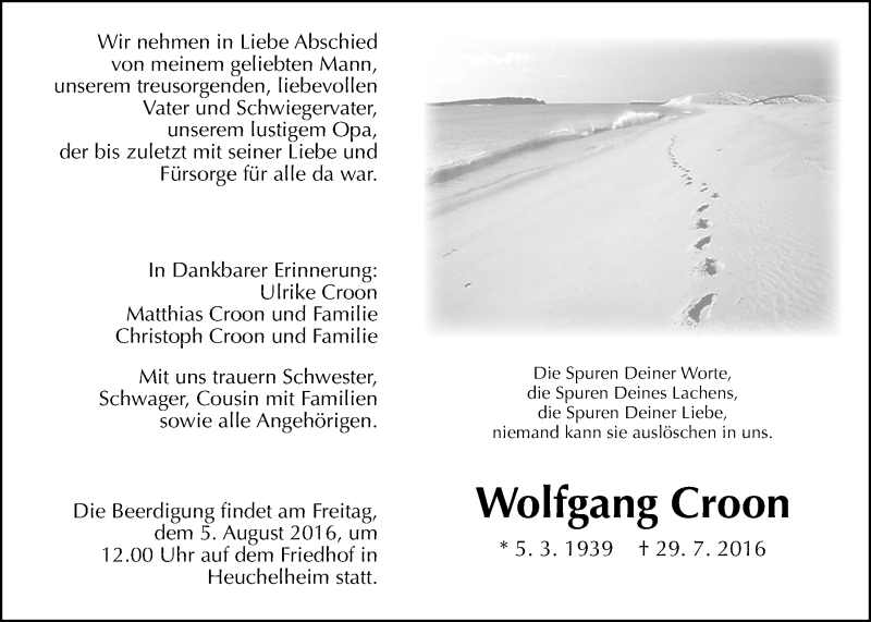  Traueranzeige für Wolfgang Croon vom 03.08.2016 aus Gießener Allgemeine, Alsfelder Allgemeine