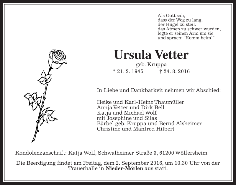  Traueranzeige für Ursula Vetter vom 27.08.2016 aus Wetterauer Zeitung, Wetterauer Zeitung