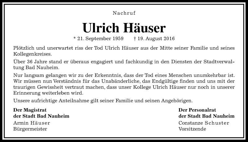  Traueranzeige für Ulrich Häuser vom 25.08.2016 aus Wetterauer Zeitung, Wetterauer Zeitung