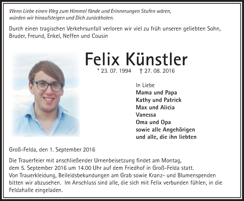  Traueranzeige für Felix Künstler vom 01.09.2016 aus Gießener Allgemeine, Alsfelder Allgemeine
