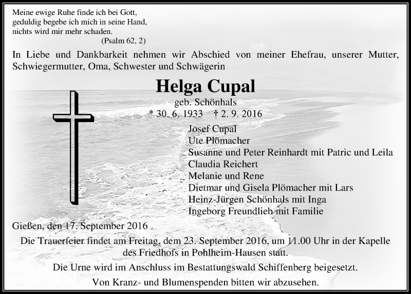  Traueranzeige für Helga Cupal vom 17.09.2016 aus Gießener Allgemeine, Alsfelder Allgemeine