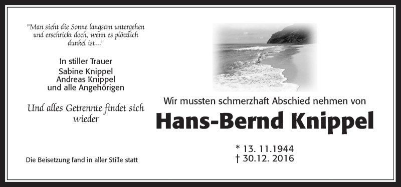  Traueranzeige für Hans-Bernd Knippel vom 14.01.2017 aus Gießener Allgemeine, Alsfelder Allgemeine