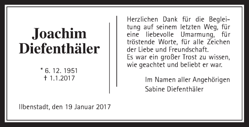  Traueranzeige für Joachim Diefenthäler vom 21.01.2017 aus Wetterauer Zeitung, Wetterauer Zeitung