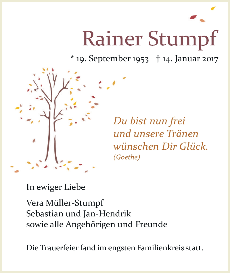  Traueranzeige für Rainer Stumpf vom 28.01.2017 aus Wetterauer Zeitung, Wetterauer Zeitung