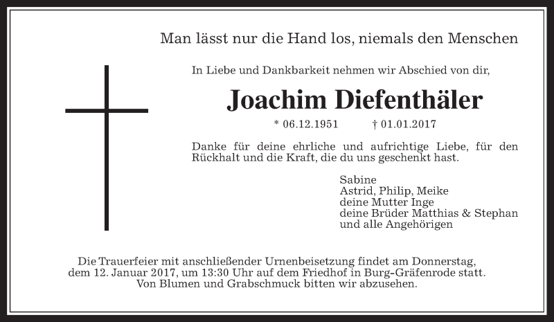  Traueranzeige für Joachim Diefenthäler vom 07.01.2017 aus Wetterauer Zeitung, Wetterauer Zeitung