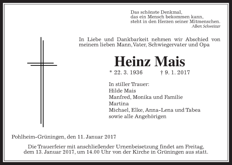  Traueranzeige für Heinz Mais vom 11.01.2017 aus Gießener Allgemeine, Alsfelder Allgemeine