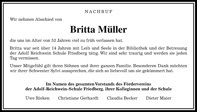  Traueranzeige für Britta Müller vom 28.01.2017 aus Wetterauer Zeitung, Wetterauer Zeitung