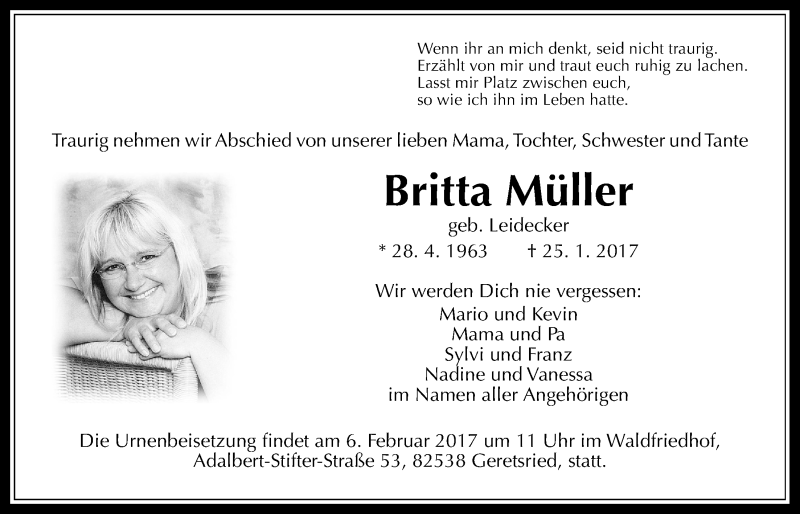  Traueranzeige für Britta Müller vom 28.01.2017 aus Wetterauer Zeitung, Wetterauer Zeitung