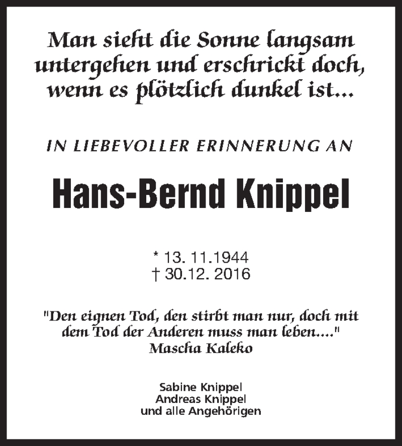  Traueranzeige für Hans-Bernd Knippel vom 07.01.2017 aus Gießener Allgemeine, Alsfelder Allgemeine, Wetterauer Zeitung, Wetterauer Zeitung