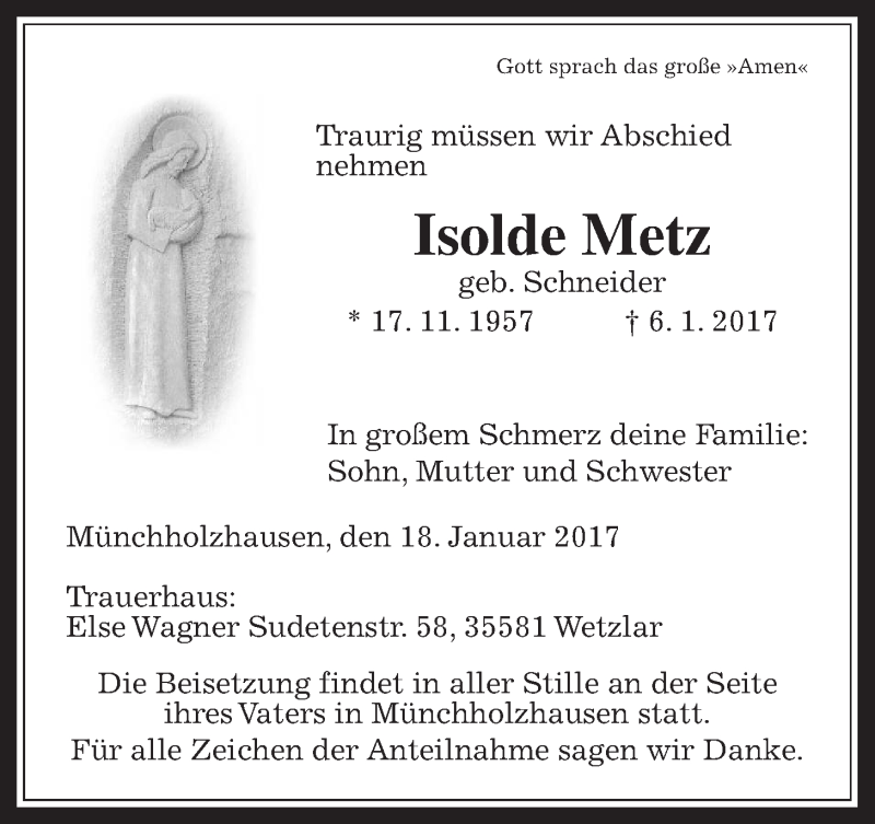  Traueranzeige für Isolde Metz vom 18.01.2017 aus Gießener Allgemeine, Alsfelder Allgemeine