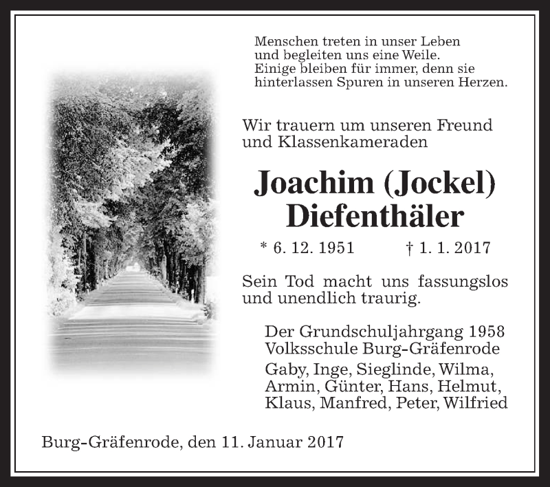  Traueranzeige für Joachim Diefenthäler vom 11.01.2017 aus Wetterauer Zeitung, Wetterauer Zeitung