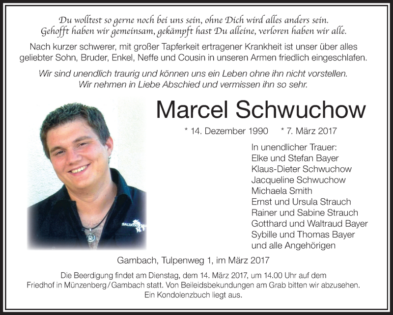 Traueranzeige für Marcel Schwuchow vom 11.03.2017 aus 