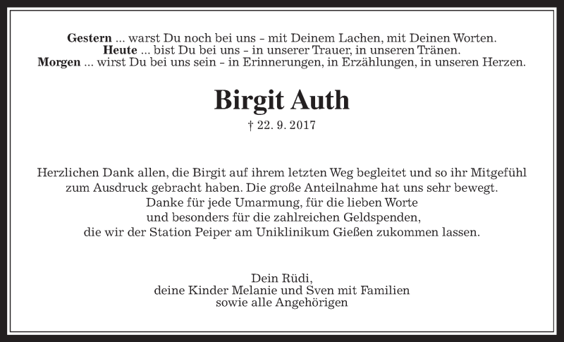  Traueranzeige für Birgit Auth vom 21.10.2017 aus Wetterauer Zeitung, Wetterauer Zeitung