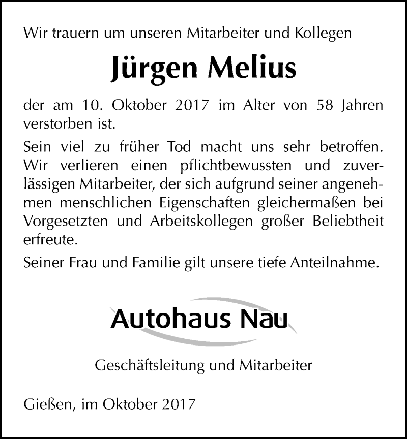  Traueranzeige für Jürgen Melius vom 17.10.2017 aus Giessener Allgemeine, Alsfelder Allgemeine