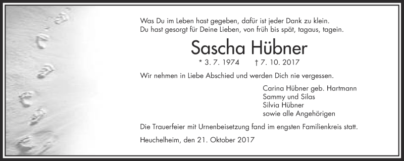  Traueranzeige für Sascha Hübner vom 21.10.2017 aus Wetterauer Zeitung, Wetterauer Zeitung