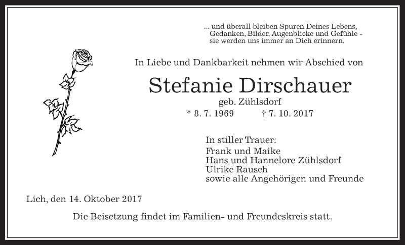  Traueranzeige für Stefanie Dirschauer vom 14.10.2017 aus Giessener Allgemeine, Alsfelder Allgemeine