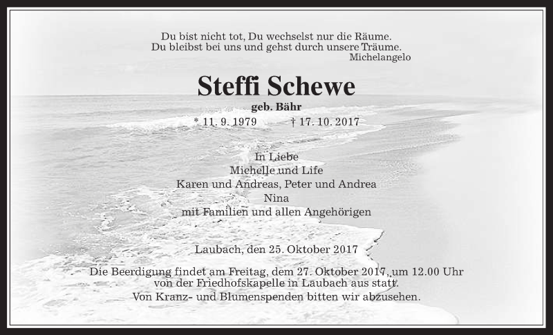  Traueranzeige für Steffi Schewe vom 25.10.2017 aus Giessener Allgemeine, Alsfelder Allgemeine