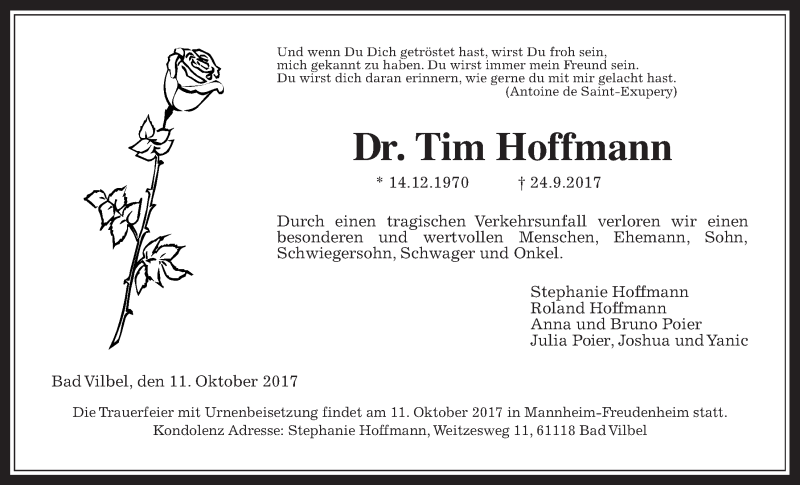  Traueranzeige für Tim Hoffmann vom 07.10.2017 aus Wetterauer Zeitung, Wetterauer Zeitung