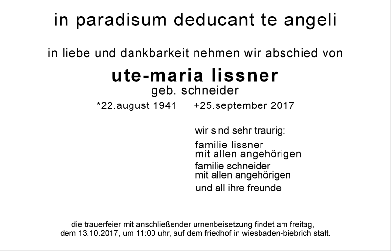  Traueranzeige für Ute-Maria Lissner vom 07.10.2017 aus Wetterauer Zeitung, Wetterauer Zeitung