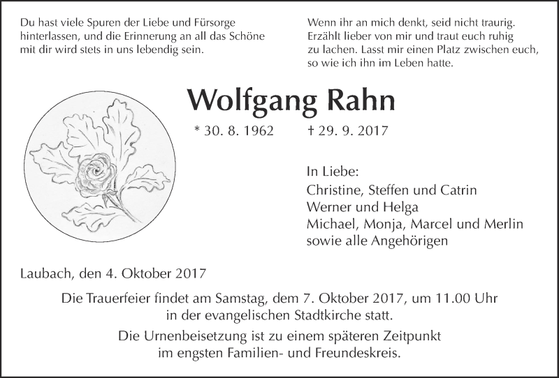  Traueranzeige für Wolfgang Rahn vom 04.10.2017 aus Giessener Allgemeine, Alsfelder Allgemeine