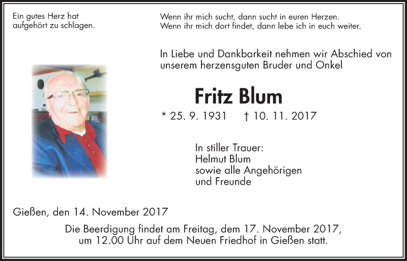  Traueranzeige für Fritz Blum vom 14.11.2017 aus Giessener Allgemeine, Alsfelder Allgemeine