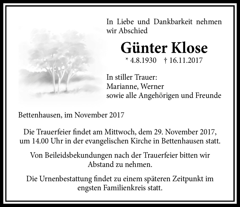  Traueranzeige für Günter Klose vom 23.11.2017 aus Licher Wochenblatt, Licher Wochenblatt, Licher Wochenblatt