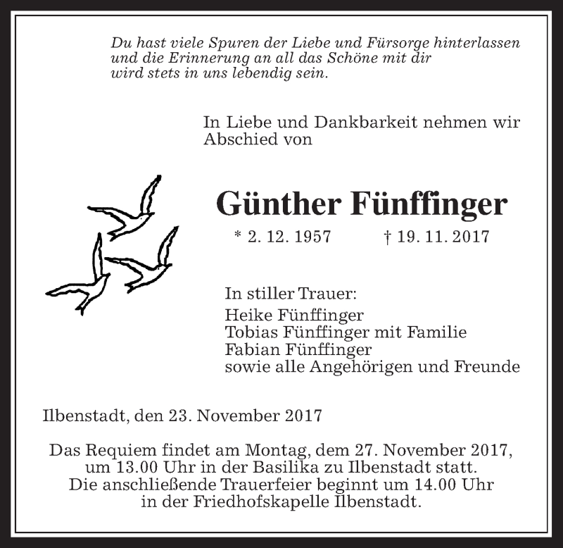  Traueranzeige für Günther Fünffinger vom 23.11.2017 aus Wetterauer Zeitung, Wetterauer Zeitung