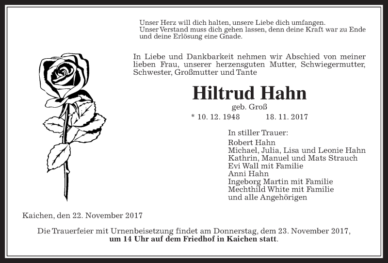  Traueranzeige für Hiltrud Hahn vom 22.11.2017 aus Wetterauer Zeitung, Wetterauer Zeitung