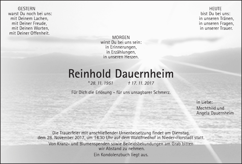  Traueranzeige für Reinhold Dauernheim vom 25.11.2017 aus Wetterauer Zeitung, Wetterauer Zeitung