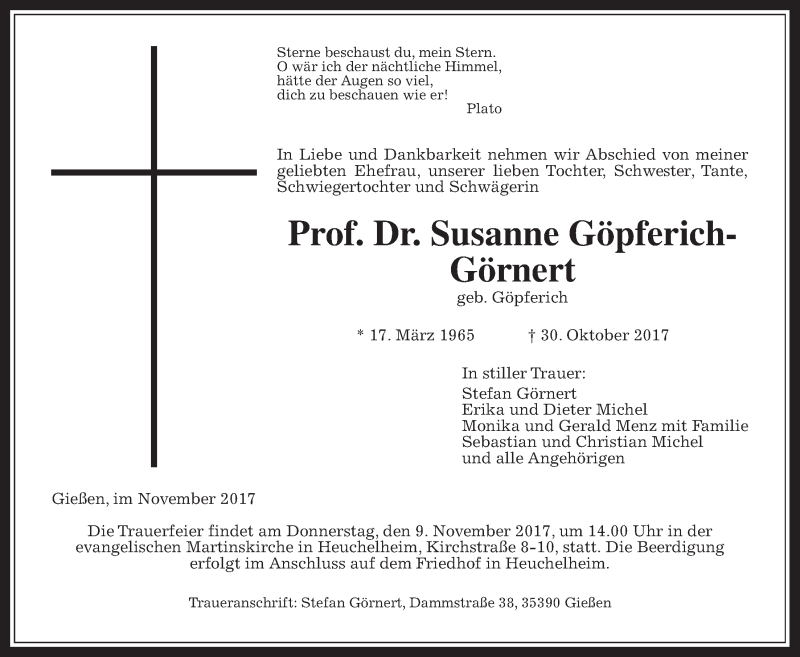  Traueranzeige für Susanne Göpferich-Görnert vom 04.11.2017 aus Giessener Allgemeine, Alsfelder Allgemeine