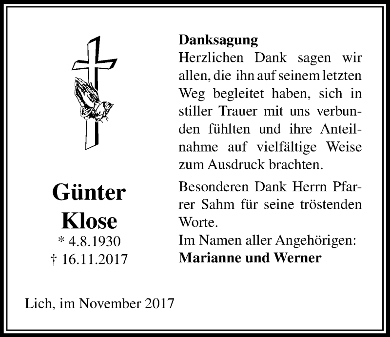  Traueranzeige für Günter Klose vom 07.12.2017 aus Licher Wochenblatt, Licher Wochenblatt, Licher Wochenblatt