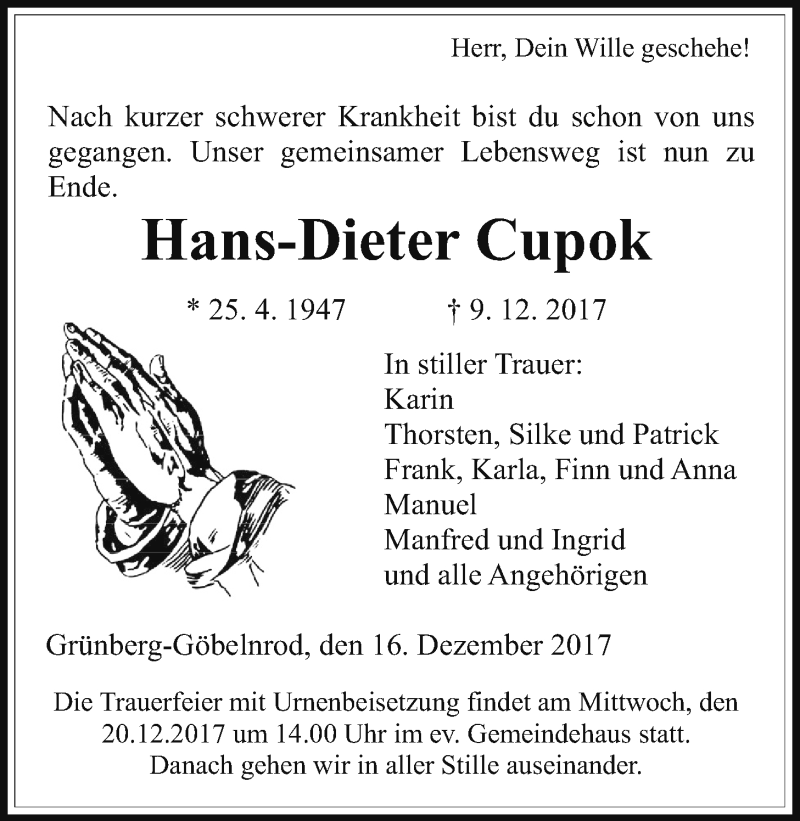  Traueranzeige für Hans-Dieter Cupok vom 16.12.2017 aus Giessener Allgemeine, Alsfelder Allgemeine