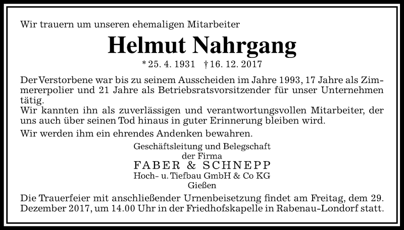  Traueranzeige für Helmut Nahrgang vom 23.12.2017 aus Giessener Allgemeine, Alsfelder Allgemeine