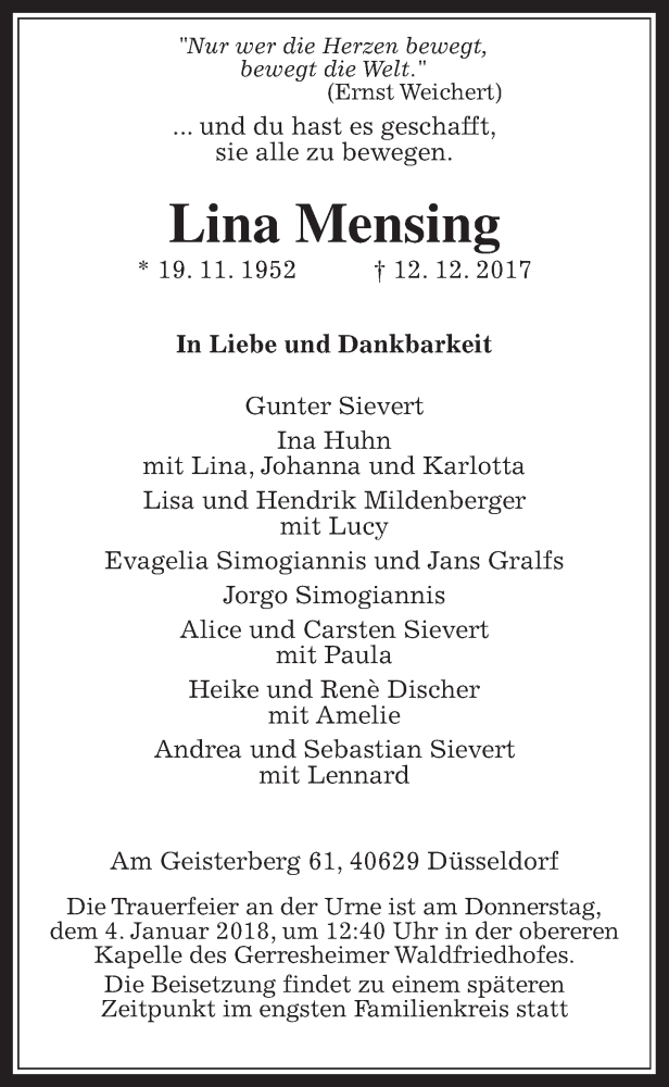  Traueranzeige für Lina Mensing vom 23.12.2017 aus Wetterauer Zeitung, Wetterauer Zeitung