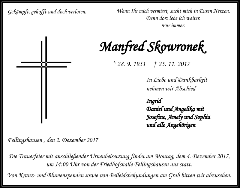  Traueranzeige für Manfred Skowronek vom 02.12.2017 aus Giessener Allgemeine, Alsfelder Allgemeine