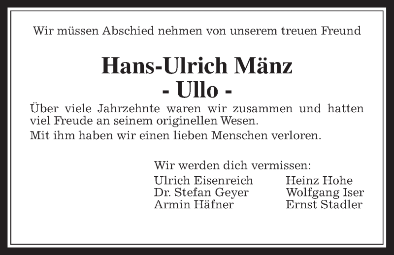  Traueranzeige für Hans-Ulrich Mänz vom 15.02.2017 aus Wetterauer Zeitung, Wetterauer Zeitung
