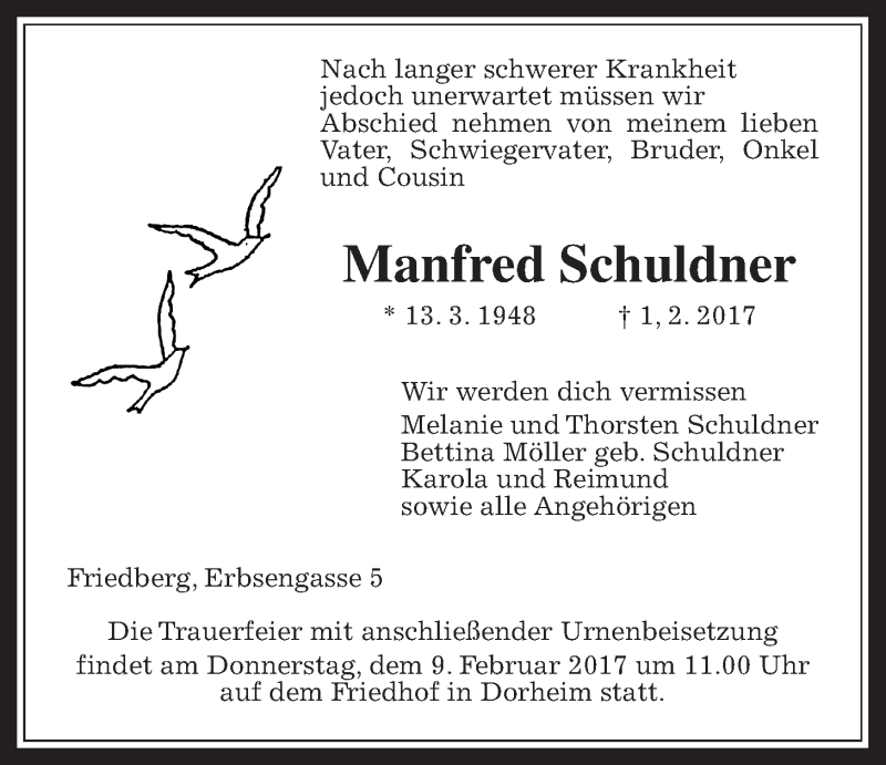  Traueranzeige für Manfred Schuldner vom 04.02.2017 aus Wetterauer Zeitung, Wetterauer Zeitung