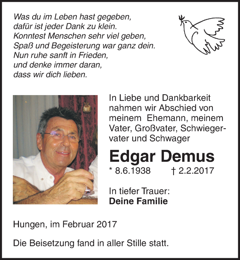  Traueranzeige für Edgar Demus vom 23.02.2017 aus Licher Wochenblatt, Licher Wochenblatt, Licher Wochenblatt