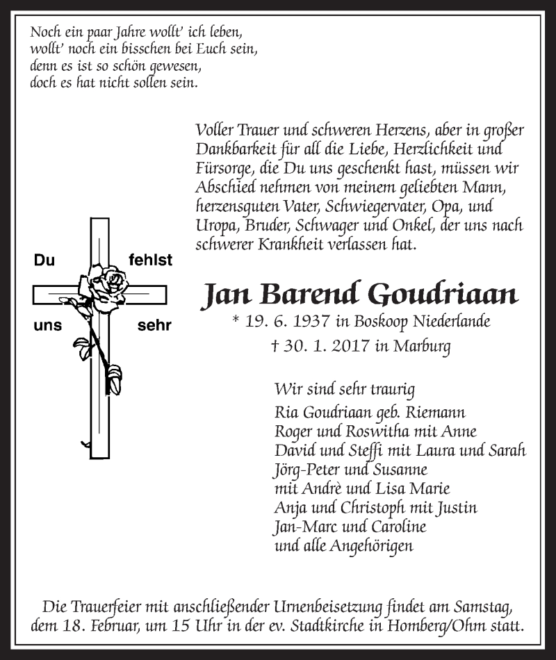  Traueranzeige für Jan Barend Goudriaan vom 11.02.2017 aus Alsfelder Allgemeine