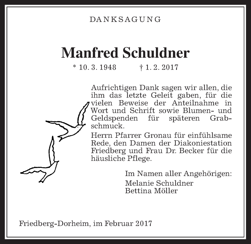  Traueranzeige für Manfred Schuldner vom 25.02.2017 aus Wetterauer Zeitung, Wetterauer Zeitung