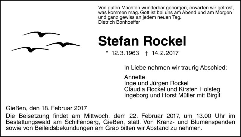  Traueranzeige für Stefan Rockel vom 18.02.2017 aus Giessener Allgemeine, Alsfelder Allgemeine