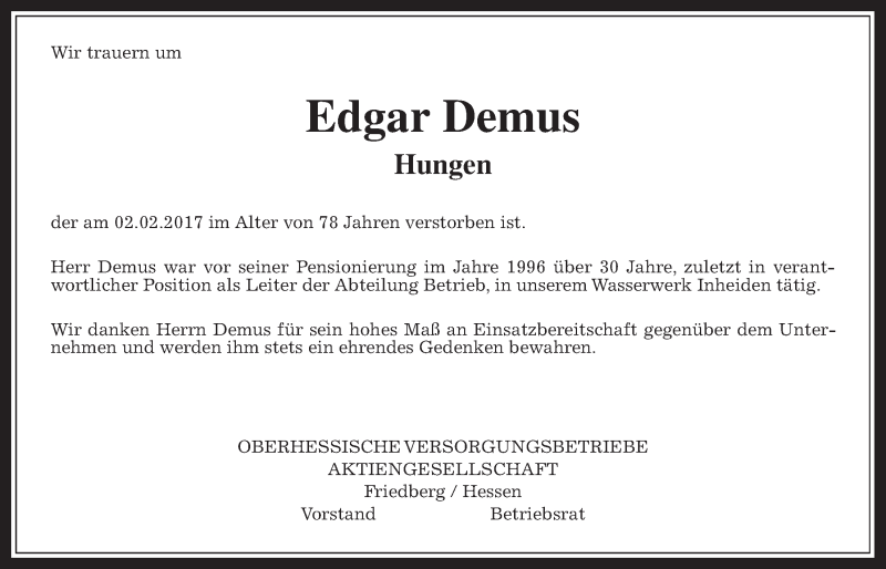  Traueranzeige für Edgar Demus vom 25.02.2017 aus Wetterauer Zeitung, Wetterauer Zeitung