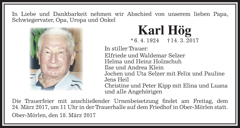  Traueranzeige für Karl Hög vom 18.03.2017 aus Wetterauer Zeitung, Wetterauer Zeitung